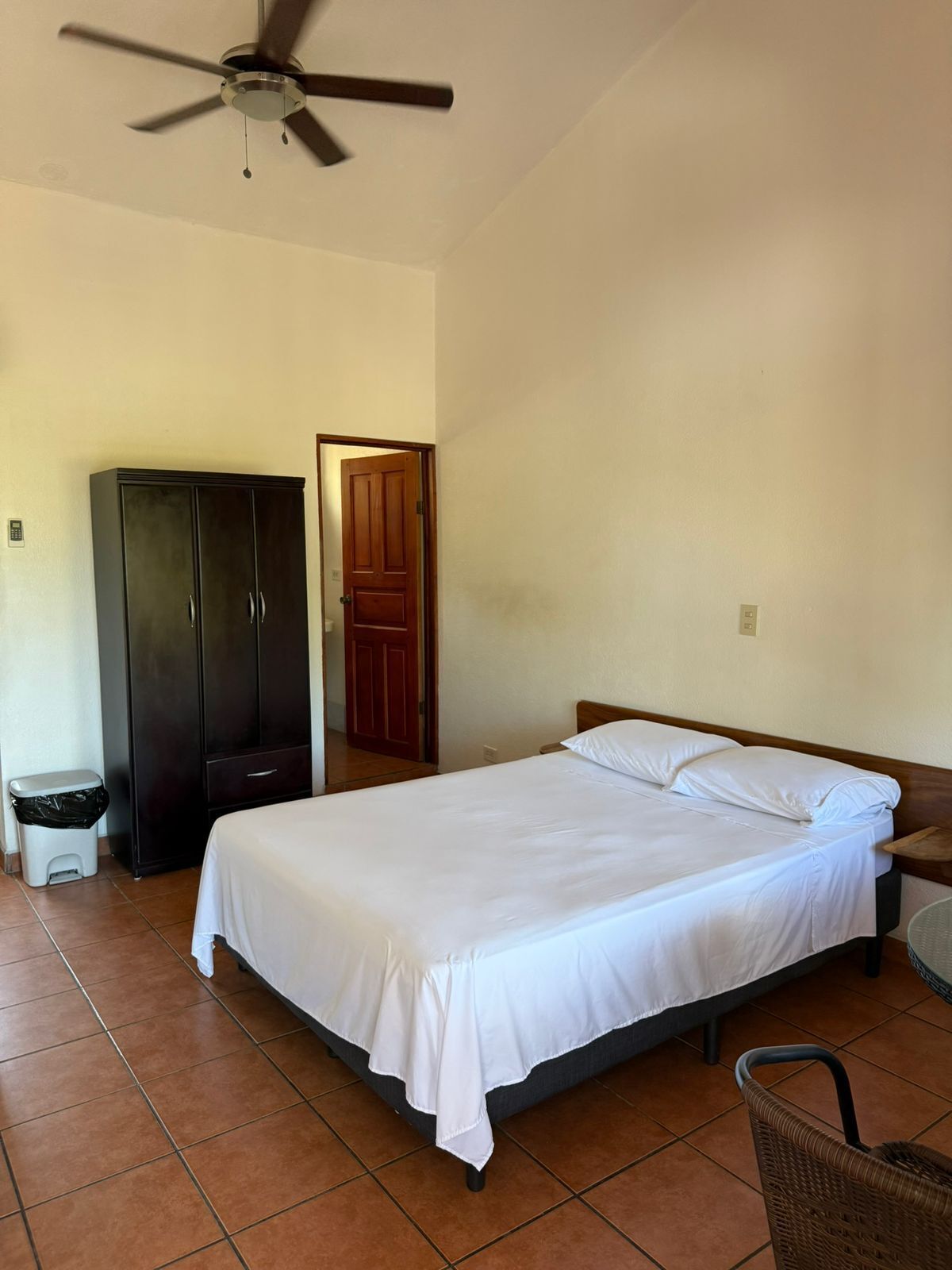 Una camera da letto con un letto, un armadio, una ventola a soffitto, una porta e un cestino.