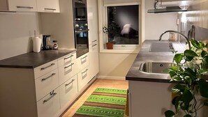 Een moderne keuken met witte kasten, een inbouwoven, een raam met uitzicht, een spoelbak en een groen vloerkleed.