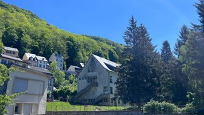 A building with a stone facade, multiple windows, and a sloped roof, surrounded by lush greenery and trees. - Holiday home 6 bedrooms, pool table, sauna, and foosbal (Le Mont-Dore)