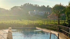 A rectangular swimming pool with a metal railing, surrounded by greenery and a fence.