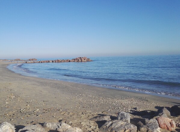 Beach nearby, sun loungers