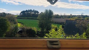 Une vue depuis une fenêtre dotée d’un cadre en bois et d’un loquet, donnant sur un champ verdoyant, des arbres et une toiture traditionnelle en tuiles.