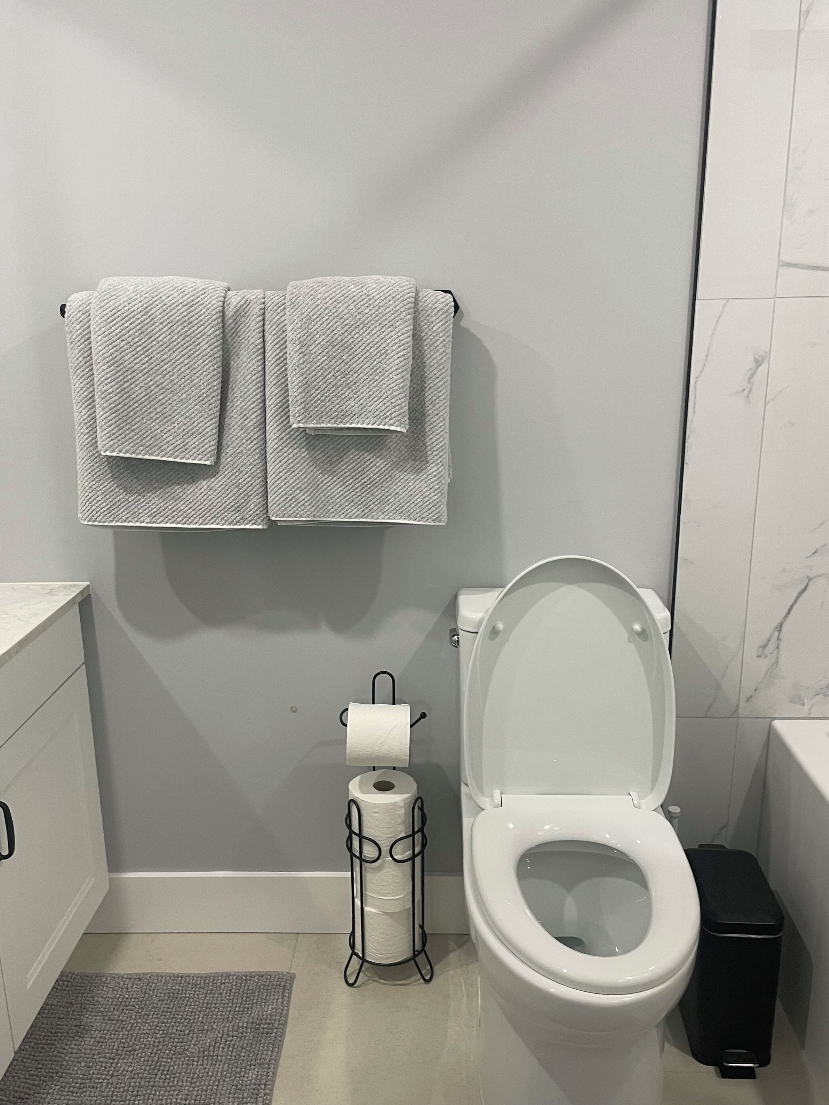 Un baño con inodoro, toallero con dos toallas, dispensador de papel higiénico y un cubo de basura.