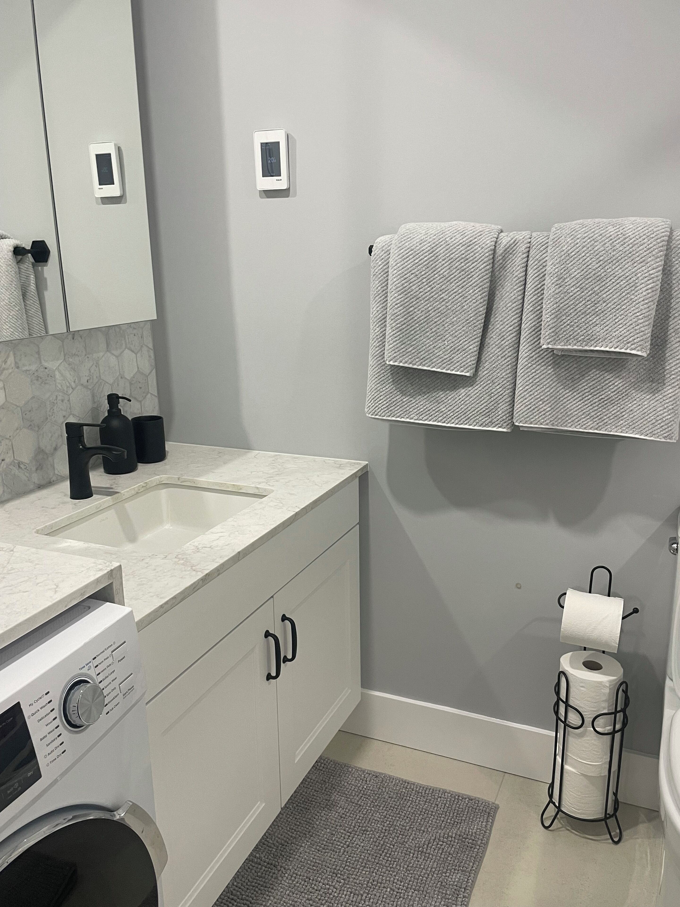 Hair dryer, towels, soap, shampoo