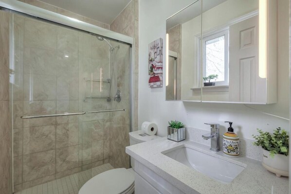 A modern bathroom with a glass shower enclosure, a white sink, and a mirror above the sink.