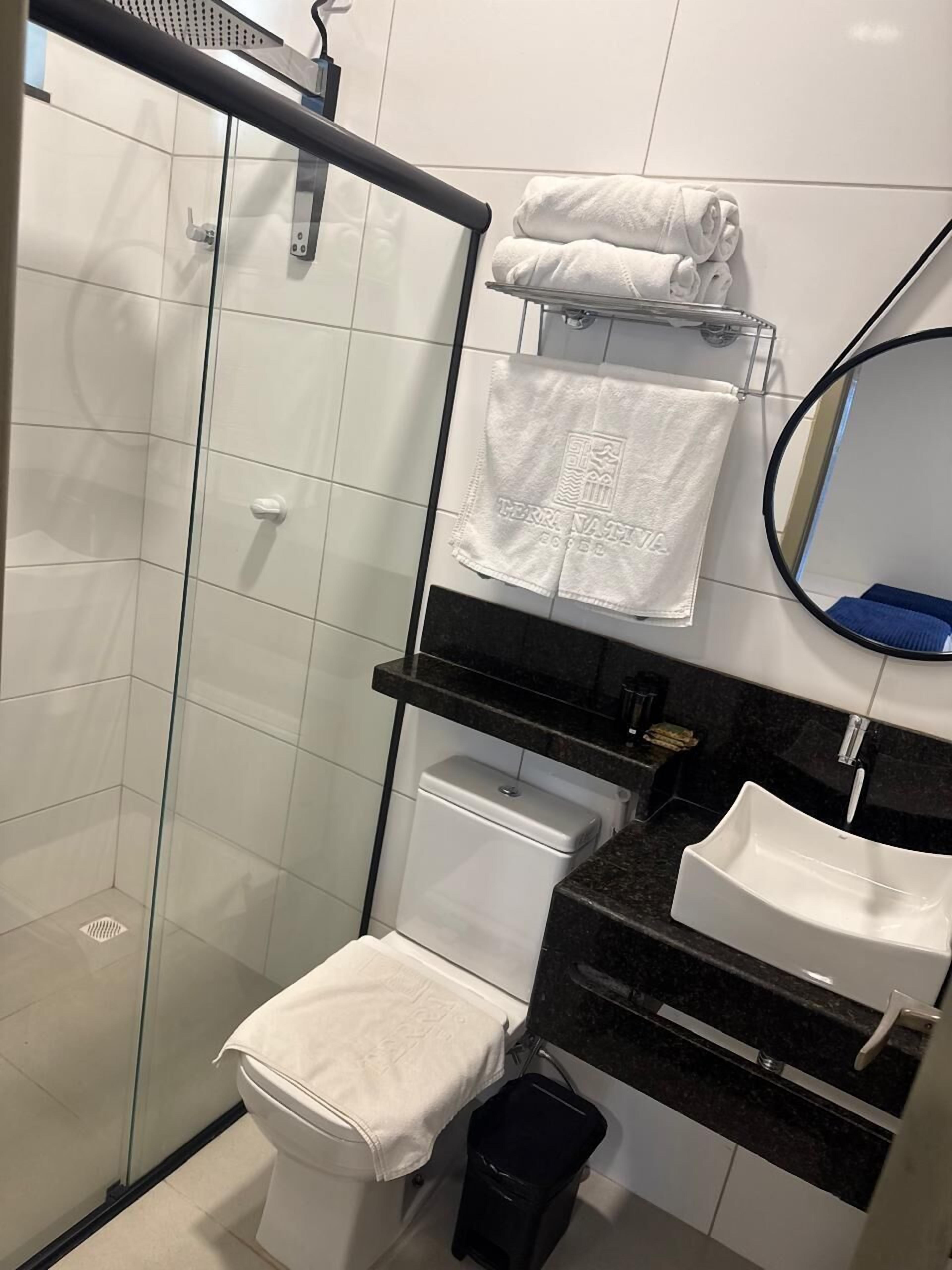 Shower, towels, soap, shampoo