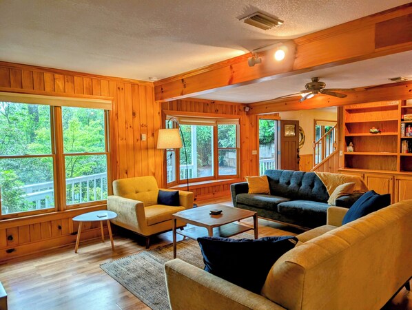 Smart TV, fireplace, books, stereo