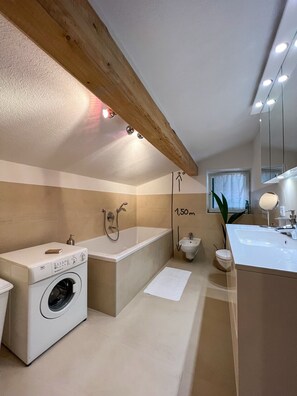 Hair dryer, towels, soap, toilet paper