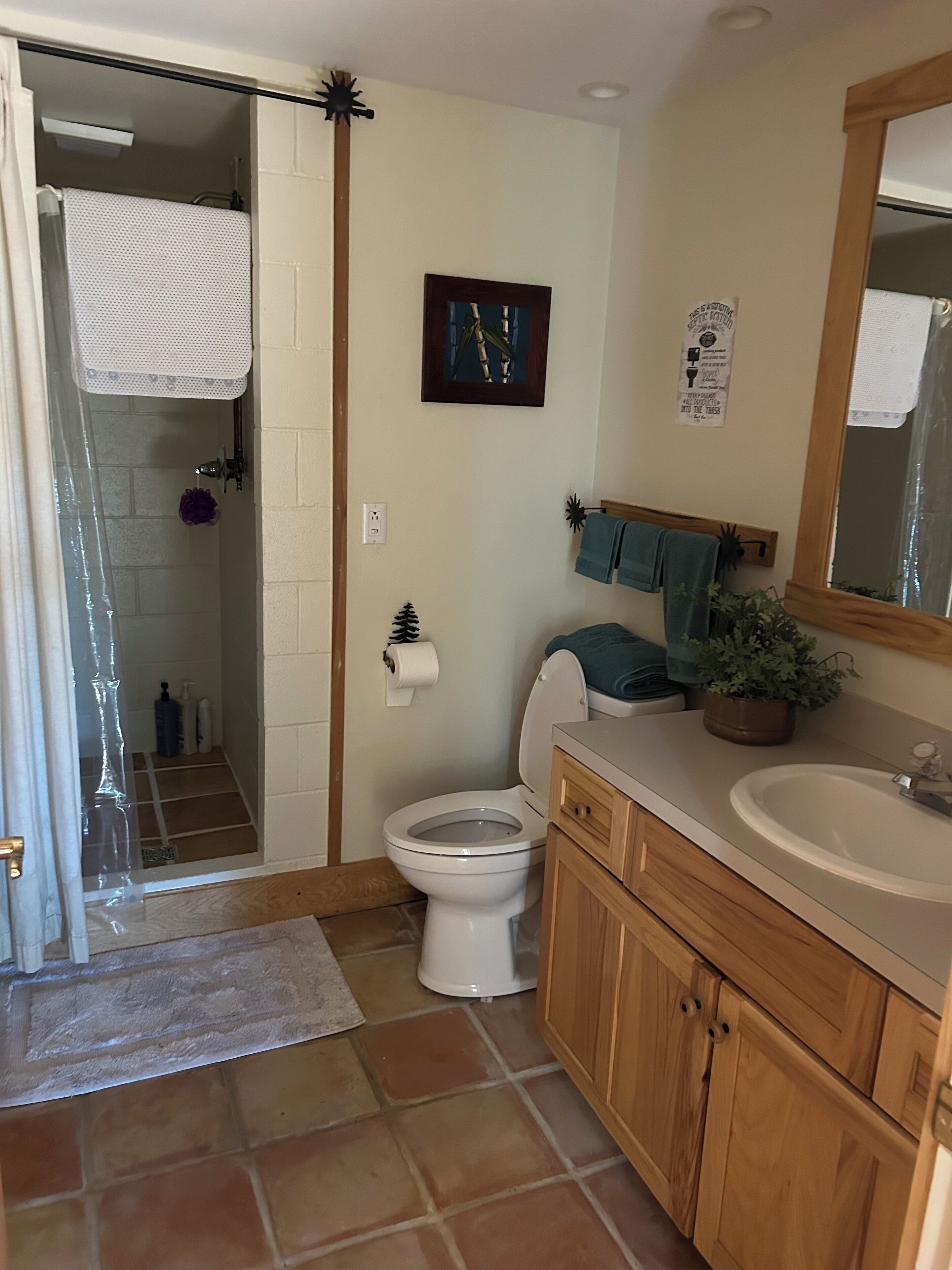 Dusj, håndklær, såpe og toalettpapir