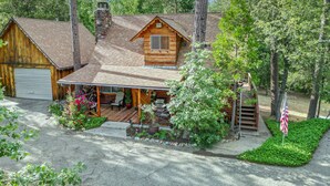 A rustic cabin with a porch, a chimney, and a flag.