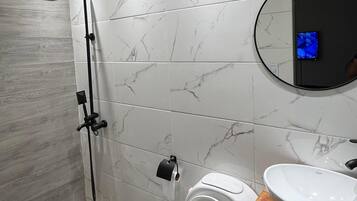 Shower, bidet, towels, toilet paper