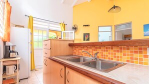 A kitchen with wooden cabinets, a double sink, and a microwave. - BALISIER (2 to 4 people) (DESHAIES)