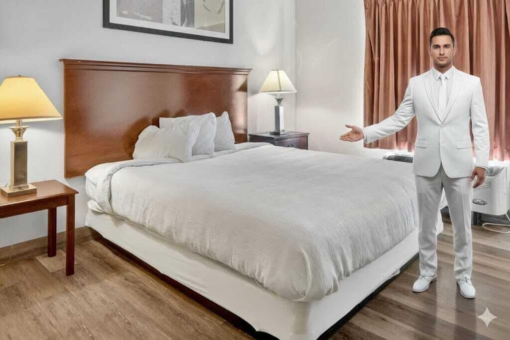 办公桌、笔记本电脑工作区、免费 WiFi、床单