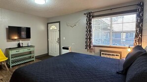 Une chambre à coucher avec un lit, une télévision, une fenêtre avec des rideaux, une porte et une petite table avec une lampe.