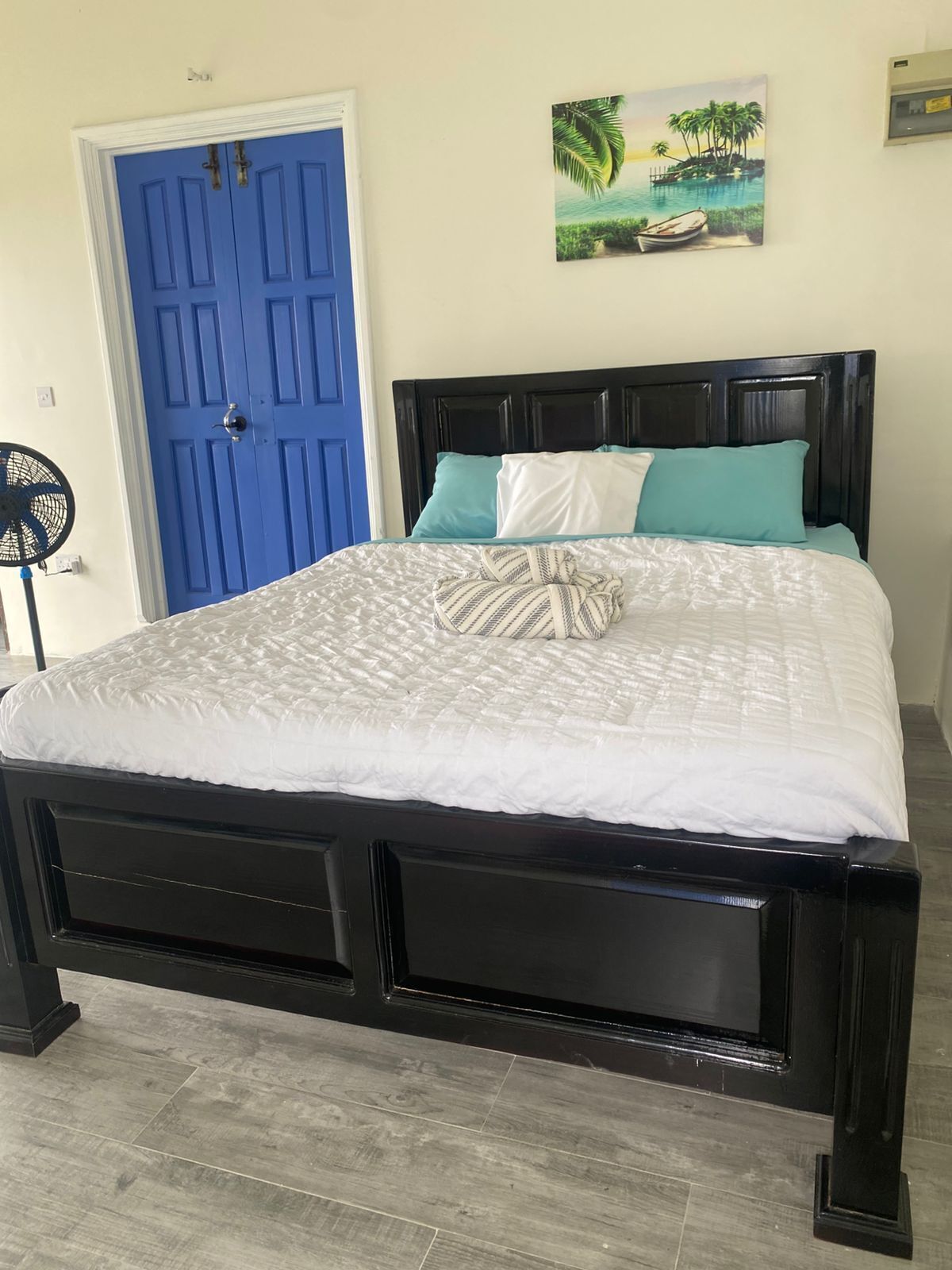A bedroom with a black bed frame, white bedding, and teal pillows.