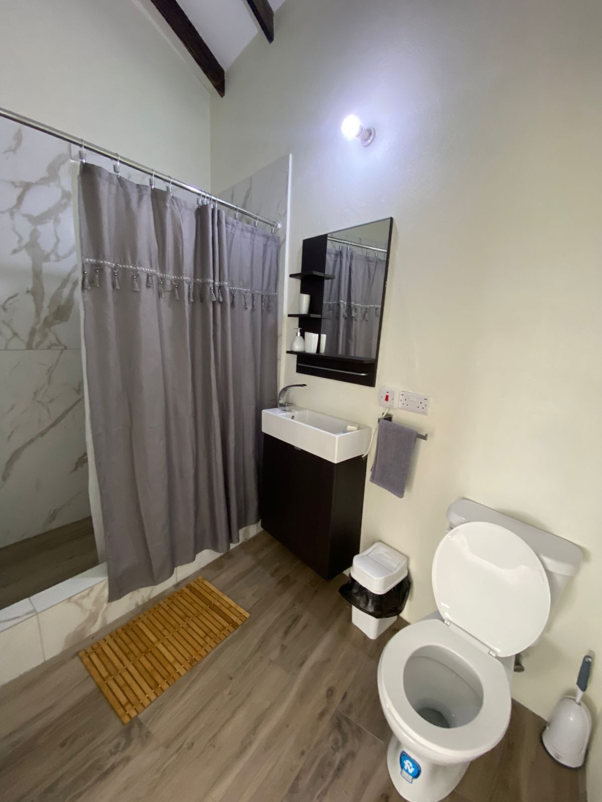 Une salle de bain équipée d’une douche, d’un lavabo, de toilettes et d’un miroir.