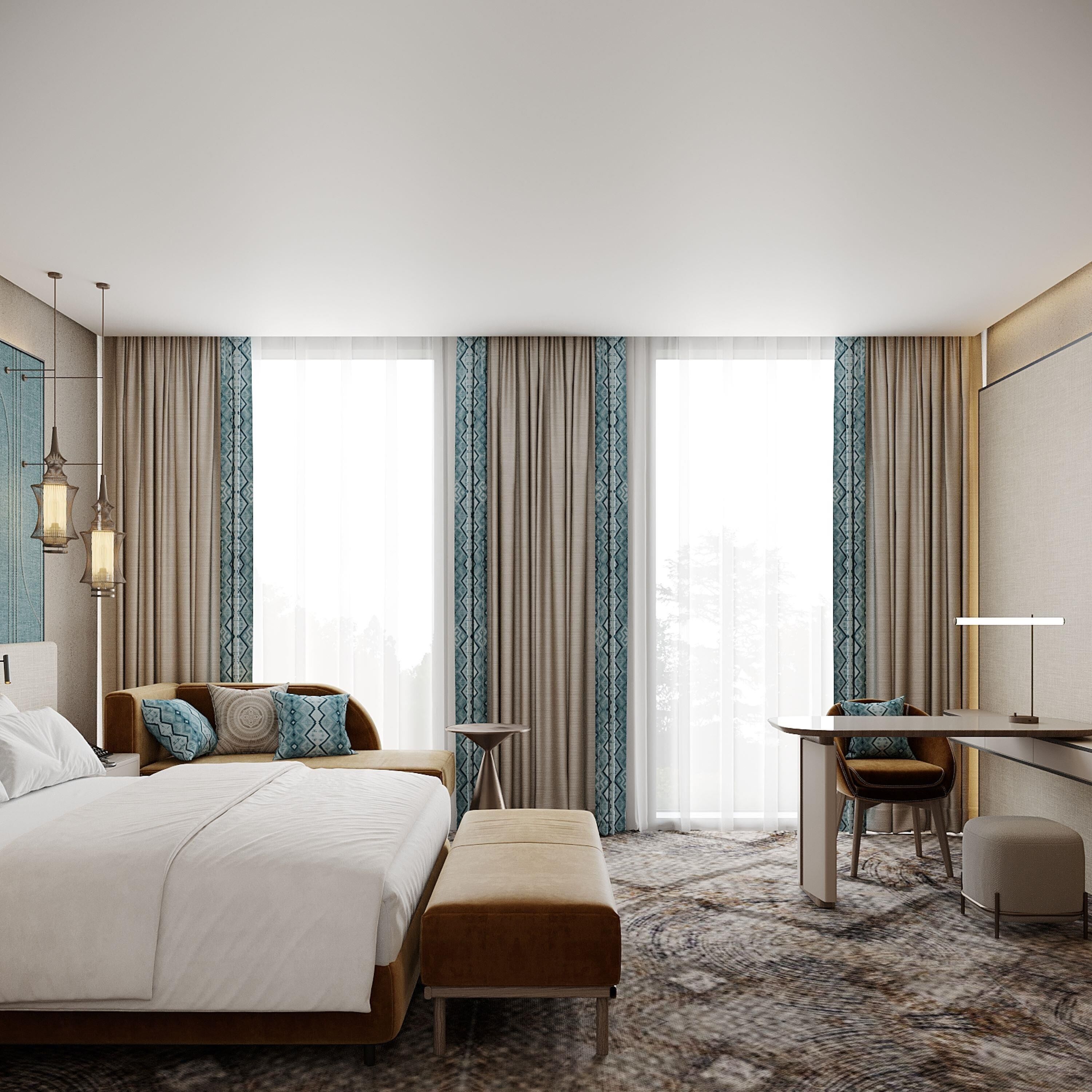 A modern hotel room with a large bed, a desk, a chair, and a view of the city through large windows.
