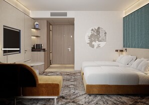 Habitación, 2 camas individuales | Caja fuerte, cortinas opacas, tabla de planchar con plancha