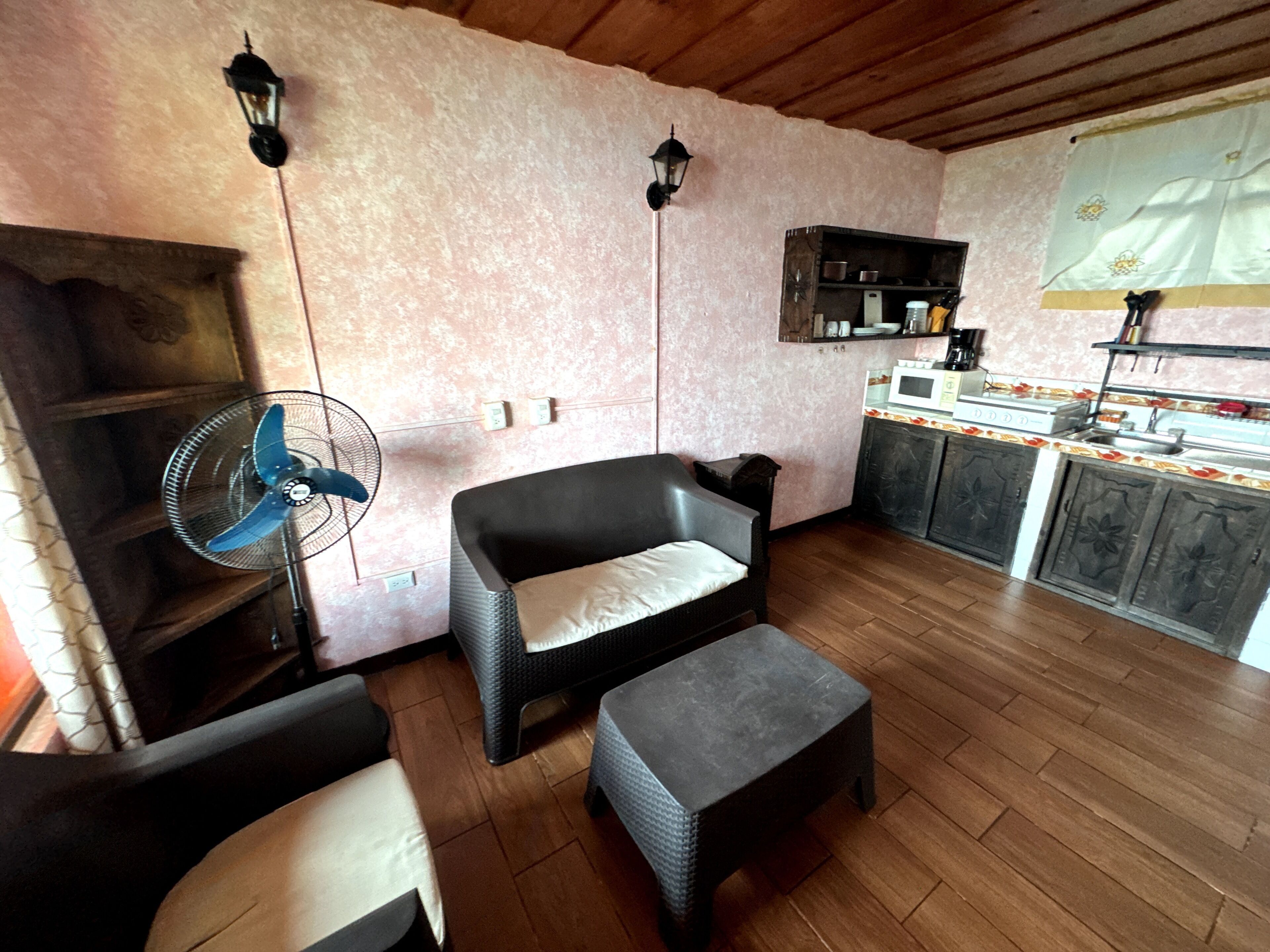 A cozy living area with a sofa, a small table, a fan, and a kitchen with a microwave and stove.