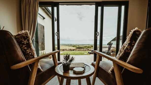 A room with two leather chairs facing a sliding glass door leading to a patio with a view of a grassy landscape.