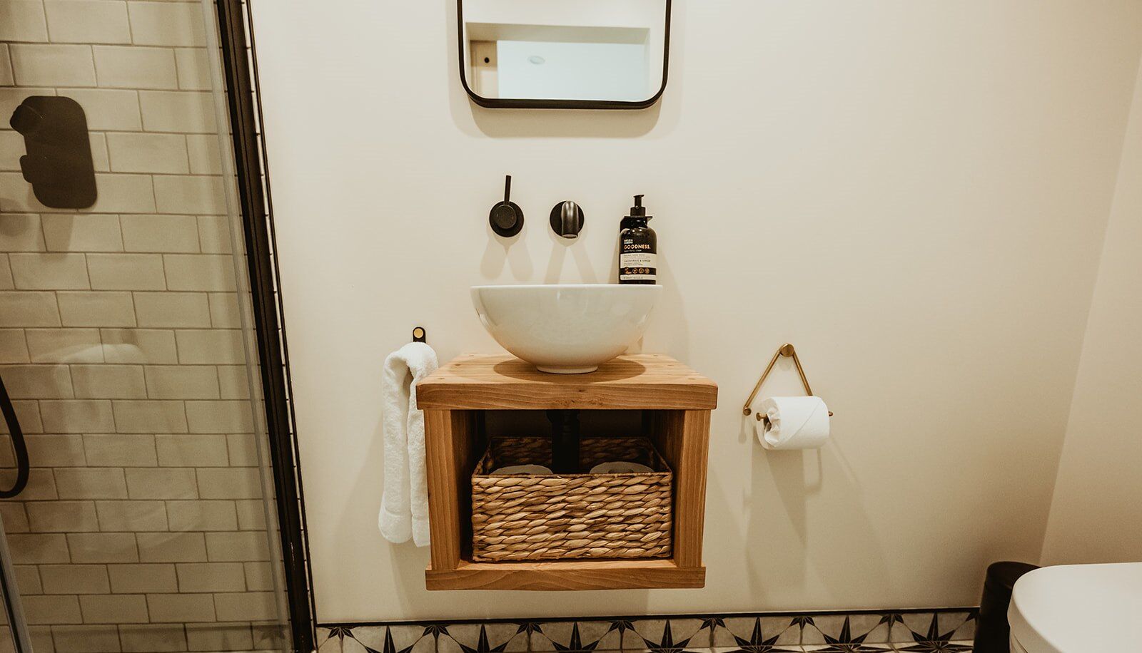 Hair dryer, towels, soap, toilet paper
