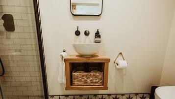 Hair dryer, towels, soap, toilet paper