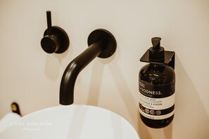 Hair dryer, towels, soap, toilet paper