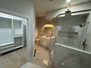 A modern bathroom with a walk-in shower, a vanity with a mirror, and a toilet.