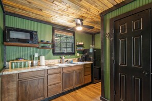 Fridge, microwave, coffee/tea maker, toaster