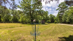 Ein Discgolf-Korb in einer Wiese mit Bäumen im Hintergrund.