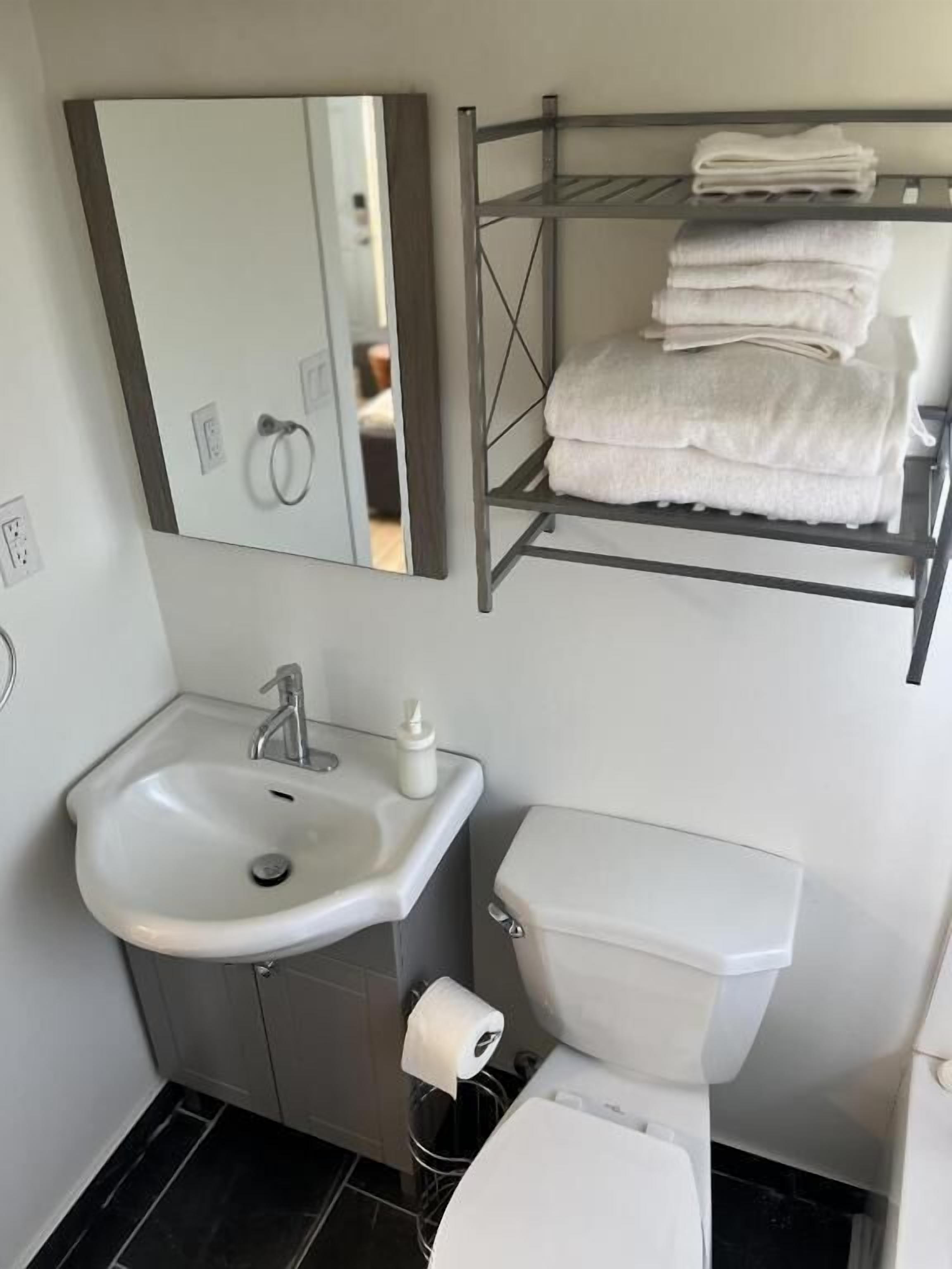 A bathroom with a sink, toilet, and a towel rack.