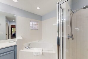 Hair dryer, towels, soap, shampoo