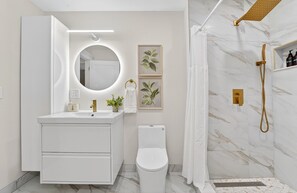 Hair dryer, towels, soap, toilet paper