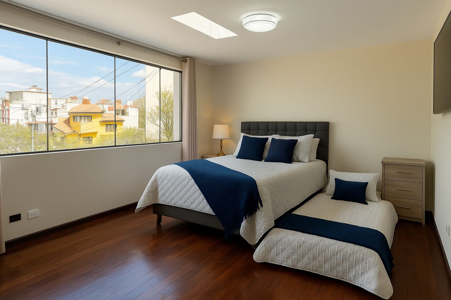 A bedroom with a large window, a bed with a headboard, a bedside table, and a nightstand.