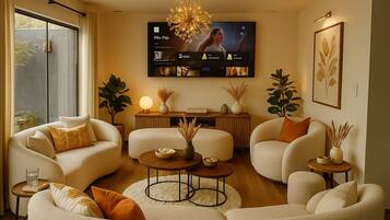 Smart TV, fireplace, video games, DVD player