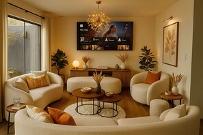 Smart TV, chimenea, videojuegos, reproductor de DVD