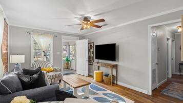 Smart TV, fireplace, foosball, books