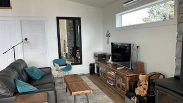 TV connectée, cheminée, livres, imprimantes