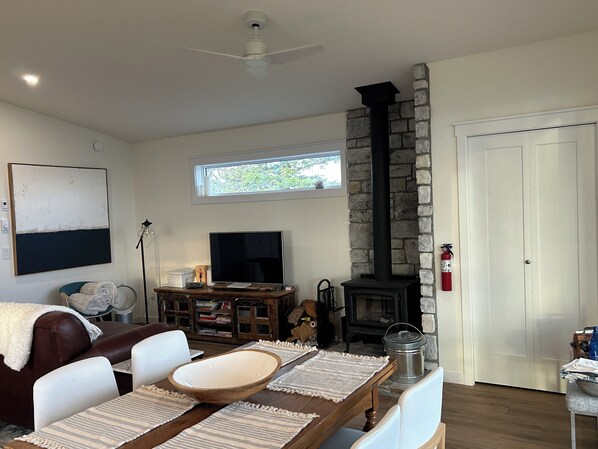 Una Smart TV, una chimenea, libros, una impresora