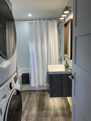 Hair dryer, towels, soap, shampoo