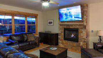 Smart TV, fireplace, books