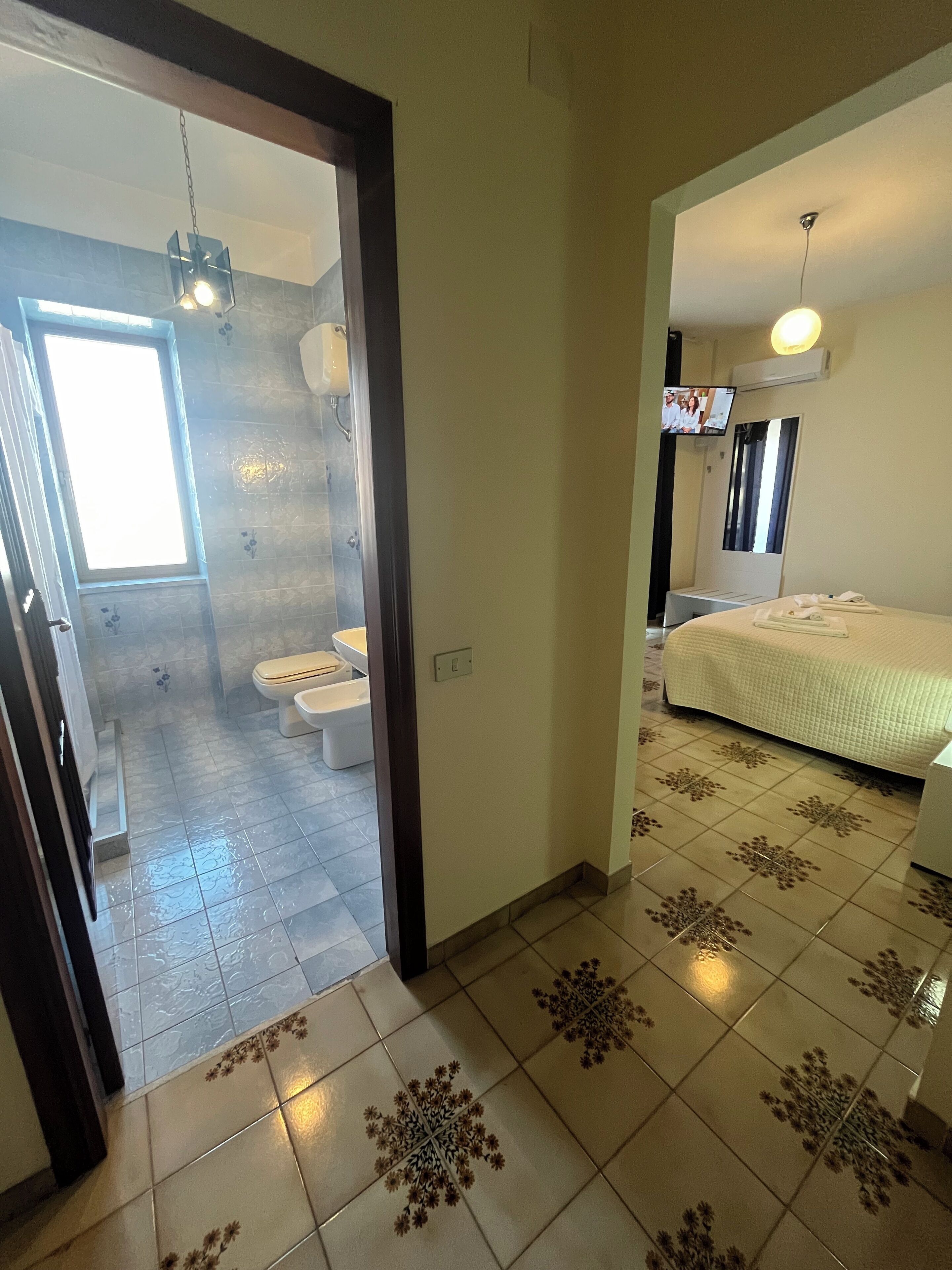 Une chambre d’hôtel équipée d’une douche, de toilettes, d’un lit et d’un téléviseur fixé au mur.