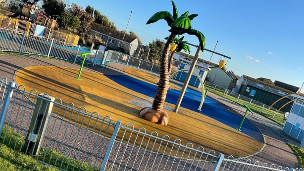 Un terrain de jeux avec un palmier, une piscine et une zone délimitée par une clôture.