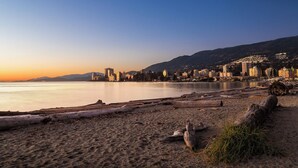 Ein Strand mit einer Stadtkulisse im Hintergrund, mit einer Mischung aus Wohn- und Geschäftsgebäuden.