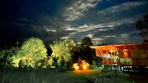 A night scene with a house illuminated by warm lights, surrounded by trees and a cloudy sky.