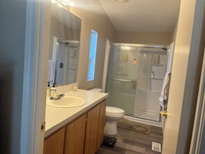 Shower, towels, soap, shampoo