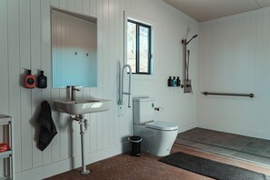 Shower, towels, soap, toilet paper