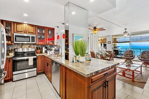Fridge, stovetop, cookware/dishes/utensils - Sleep by the Sea - Island-Inspired Oceanfront Stay (Lahaina)