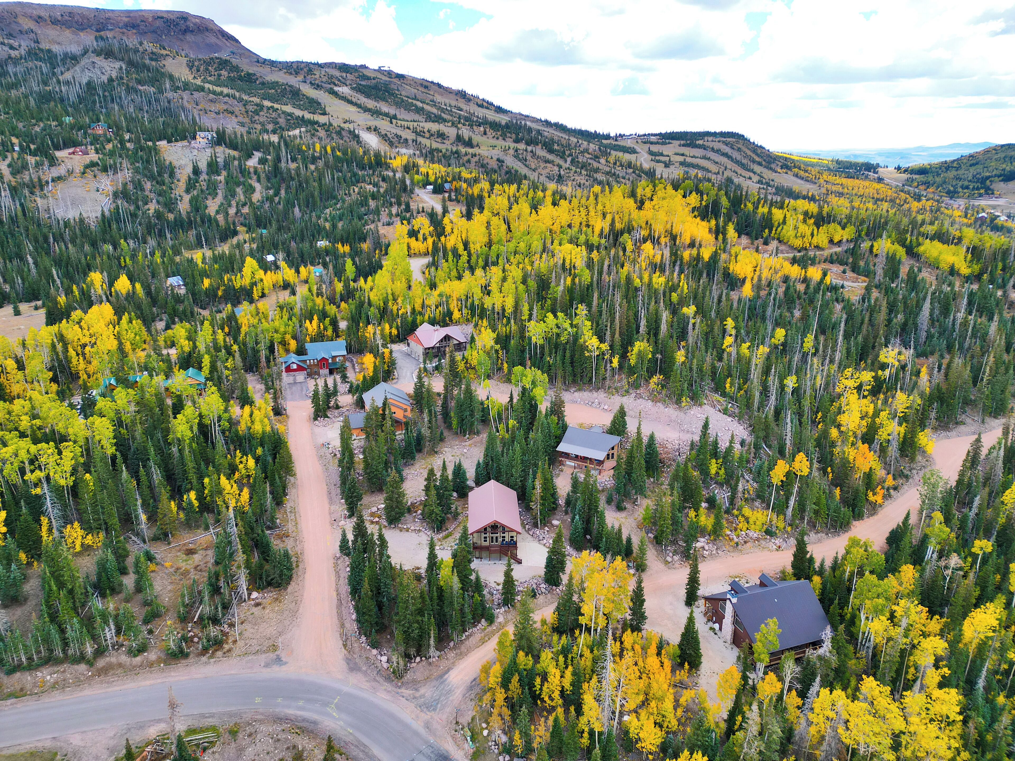 A remote cabin area with several wooden cabins surrounded by dense forest and autumn foliage.
