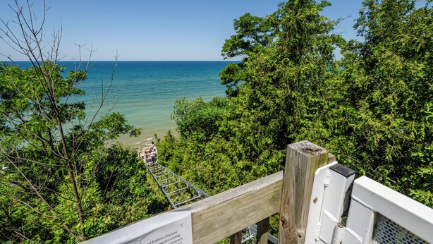 Un paysage pittoresque d’une zone côtière, avec une promenade en bois menant à une plage, le tout entouré d’une végétation luxuriante.